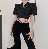 High Quality Short Blazer + High Waisted Drawstring Micro-Flared Pants