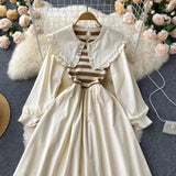 Chic High Waist Thin Striped Midi Length Doll Collar Dress