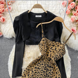 Fashion Crop Blazer -Two-piece Leopard Print Dress