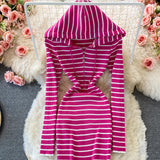 Hooded Striped Knitted Women Long-sleeved Dress