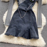 Women's Denim Suspender Skirt + Thin Round Neck T-shirt