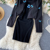 Embroidered Butterfly Suit Women's Jacket and Thin Metal chain Dress (set)