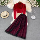 Fashion Suit British Style Short Puff Sleeve Blazer + High Waist Mid length Pleated Skirt