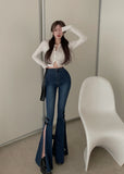 New Design High Waist Straight Micro Flared Long  Pants Slit Jeans