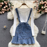 Women's Denim Suspender Skirt + Thin Round Neck T-shirt