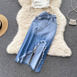 Smocked Lace Slanted Shoulder Vest Irregular Edge Slit Denim Skirt set