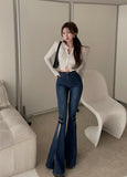 New Design High Waist Straight Micro Flared Long  Pants Slit Jeans