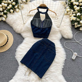 Denim Suits - Halter Neck Hollow Top + Skirt set