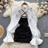 Fashion Versatile Puff Sleeve Shirt Top and Black Sling Dress