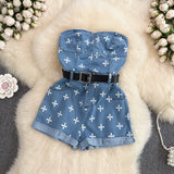 Fashion Sexy Cross Flower Tube Top  Slim Fit Denim Romper Shorts