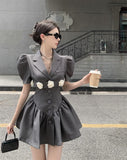 Puff Sleeves Suit Skirt- Slim Pleated Puffy Dress