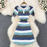 New Polo collar Slim Fit Striped Knitted Dress