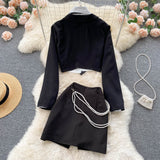 Polo collar Top Long-sleeved Blazer - Slit Skirt  Three piece (set)