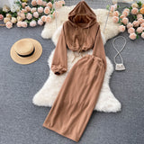 Women's Waist Tie Hooded Short Sweater High Waist Slit Skirt Two piece (set)