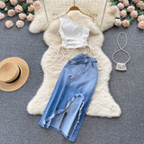 Smocked Lace Slanted Shoulder Vest Irregular Edge Slit Denim Skirt set