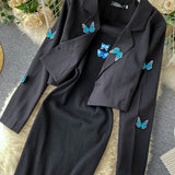 Embroidered Butterfly Suit Women's Jacket and Thin Metal chain Dress (set)