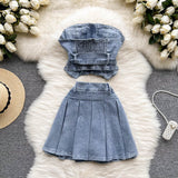 Sexy Two piece Denim set - Tube Top + High Waist Skirt