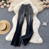 Stitching Raw Edge Micro-Bladed Jeans - Flared Pants