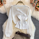 Long Sleeve Knitted Blouse Slanted Shoulder Camisole + Hight Waist Pleated Skirt