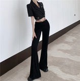 High Quality Short Blazer + High Waisted Drawstring Micro-Flared Pants