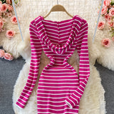 Hooded Striped Knitted Women Long-sleeved Dress