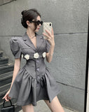 Puff Sleeves Suit Skirt- Slim Pleated Puffy Dress