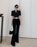 High Quality Short Blazer + High Waisted Drawstring Micro-Flared Pants