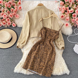 Casual Drawstring Pleated Short Jacket + Leopard Print Dress - Two piece (set)