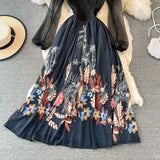 High-end Hollow Mesh V-neck Elegant Printed Dress