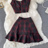 Retro Plaid New V-neck Sling Crop top + High Waist Short Skirt (set)