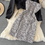 Casual Drawstring Pleated Short Jacket + Leopard Print Dress - Two piece (set)