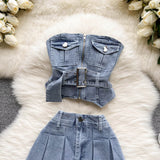 Sexy Two piece Denim set - Tube Top + High Waist Skirt