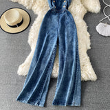 High Waist Loose Straight Wide Leg Sexy Backless Halter Neck Denim Jumpsuit