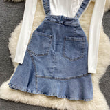 Women's Denim Suspender Skirt + Thin Round Neck T-shirt