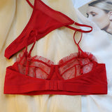 Sexy underwired lace slim sheer red bra