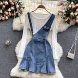 Women's Denim Suspender Skirt + Thin Round Neck T-shirt