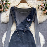 Women's Denim Suspender Skirt + Thin Round Neck T-shirt