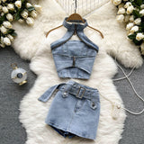 Sexy Street Fashion Denim Suit - Halter Top + Skkirt