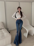 New Design High Waist Straight Micro Flared Long  Pants Slit Jeans