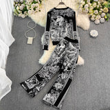 High Waist Printed Wide Leg Pants + Knitted Long sleeve set