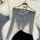 Halter Neckline off-shoulder Slim Striped Long-sleeved Top + High Waist Bag hip Women's skirt (set)