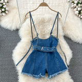 Denim Overalls Women High Waist Suspender Wide Leg Shorts