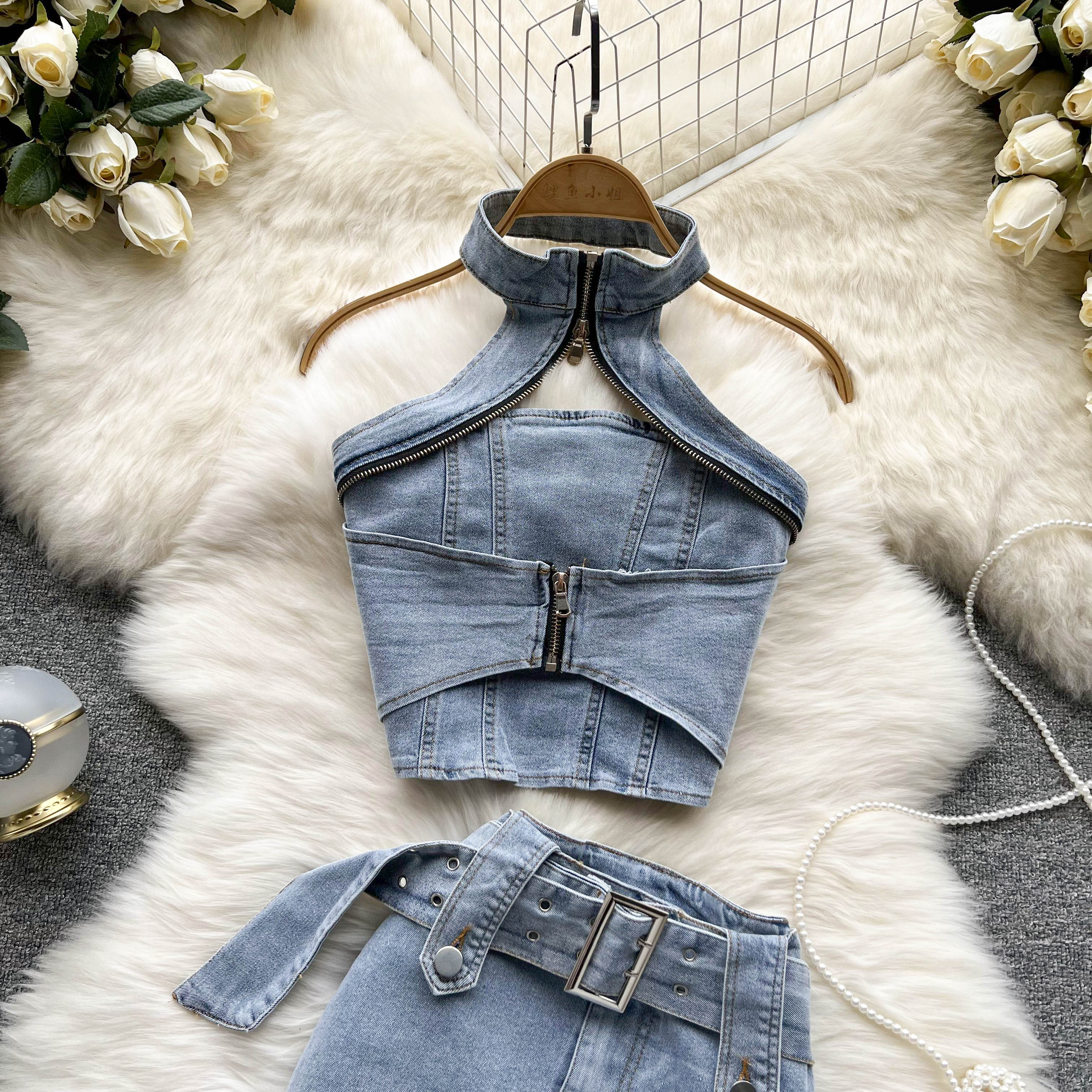 Sexy Street Fashion Denim Suit - Halter Top + Skkirt