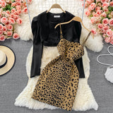 Fashion Crop Blazer -Two-piece Leopard Print Dress