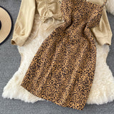 Casual Drawstring Pleated Short Jacket + Leopard Print Dress - Two piece (set)