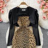 Fashion Crop Blazer -Two-piece Leopard Print Dress