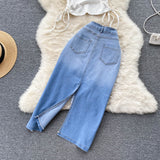 Smocked Lace Slanted Shoulder Vest Irregular Edge Slit Denim Skirt set