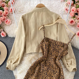 Casual Drawstring Pleated Short Jacket + Leopard Print Dress - Two piece (set)