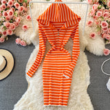 Hooded Striped Knitted Women Long-sleeved Dress