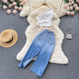 Smocked Lace Slanted Shoulder Vest Irregular Edge Slit Denim Skirt set